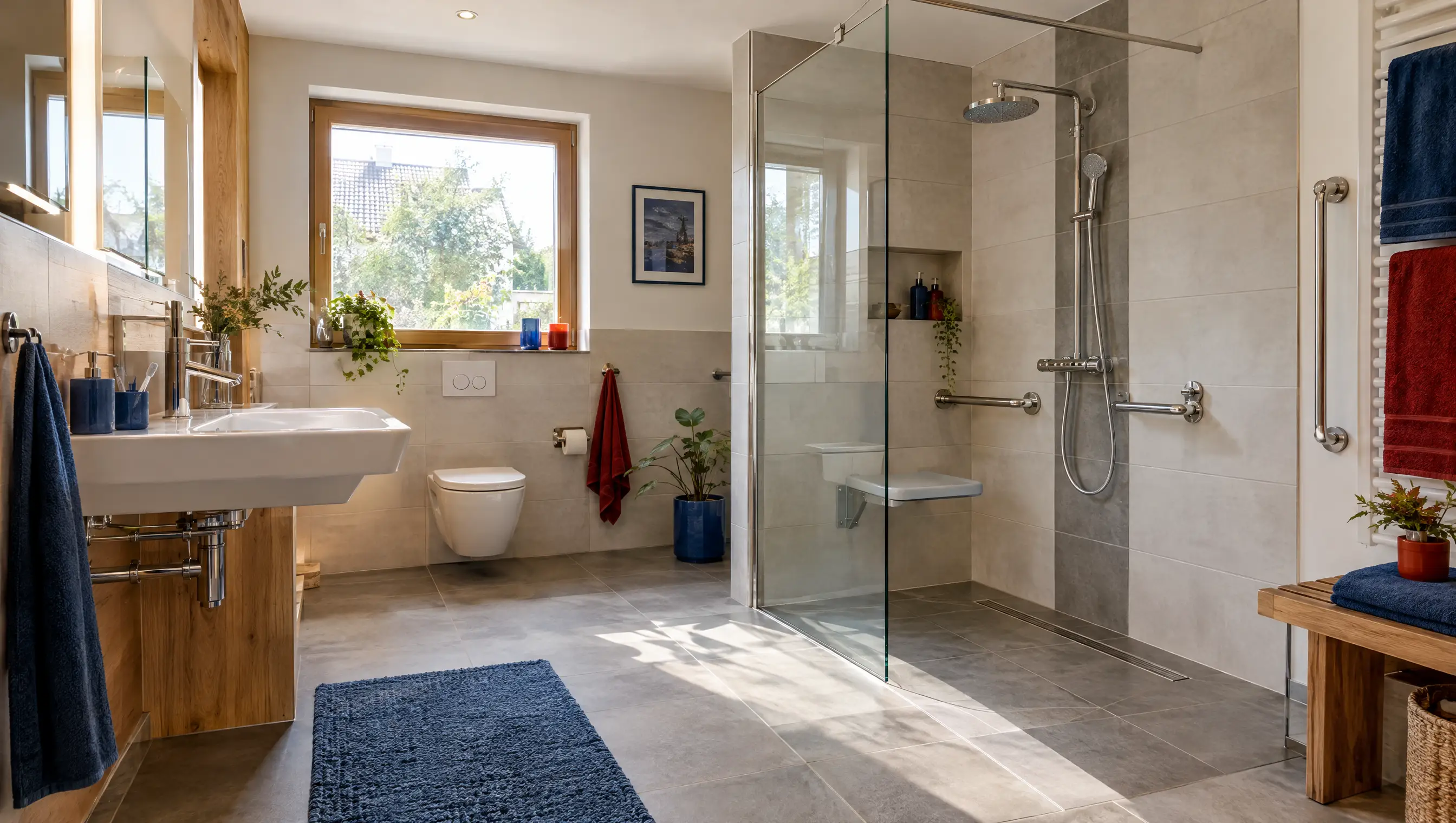 Modernes barrierearmes Badezimmer mit bodengleicher Dusche